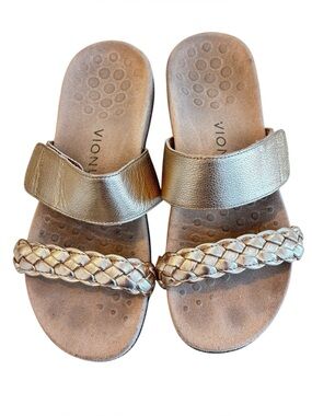 Vionic Jeanne Slide Sandal Women’s 7 Gold Braided Strap Comfort Arch Support